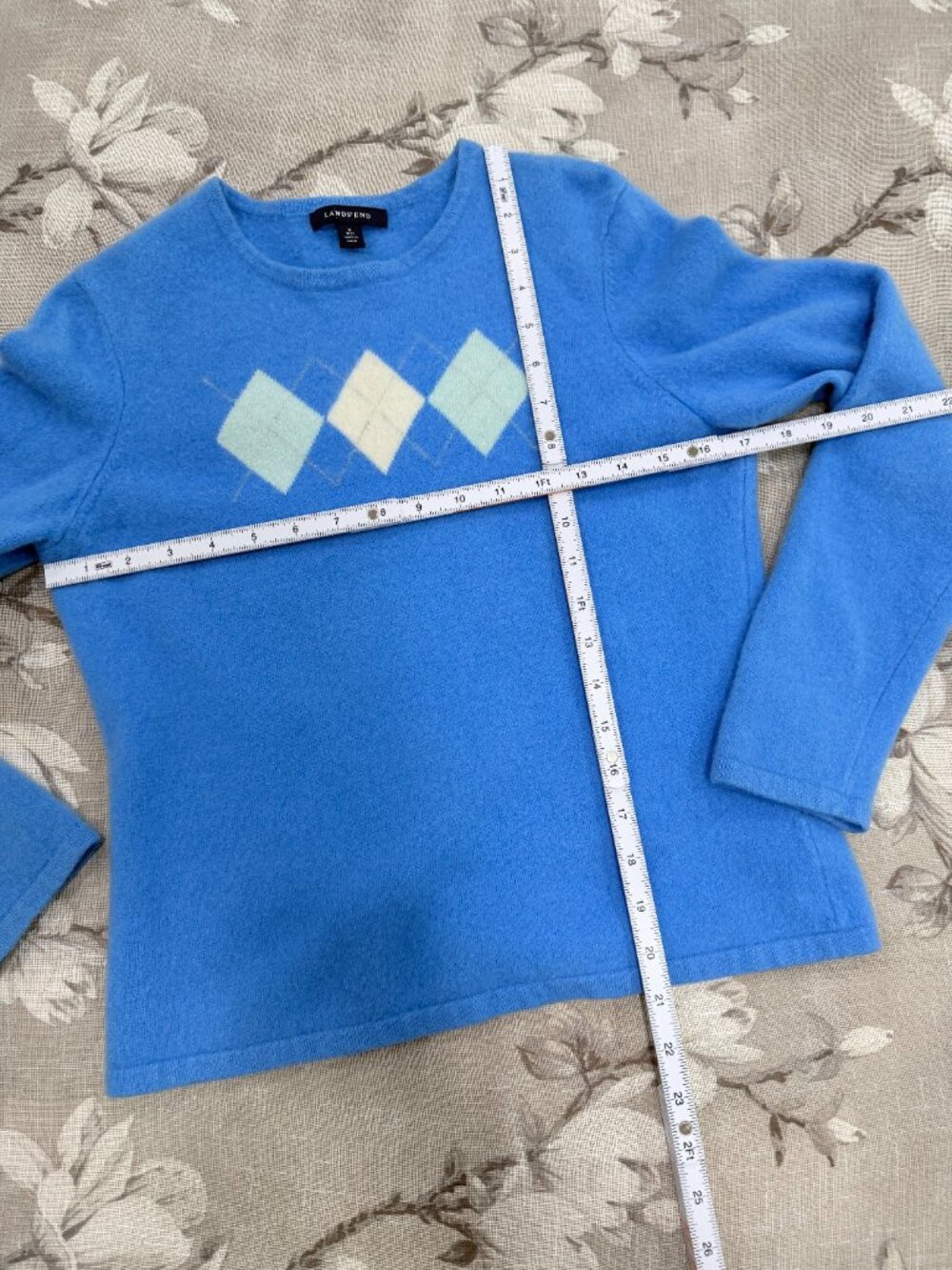 Lands’ End 100% Cashmere Blue Argyle Sweater M Soft Luxury Knit - Picture 5 of 10
